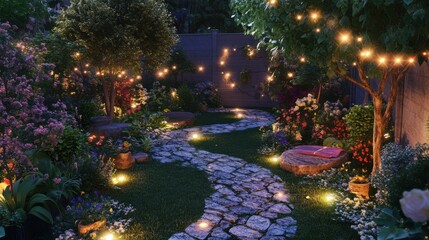 3D enchanted front yard garden with winding stone paths,