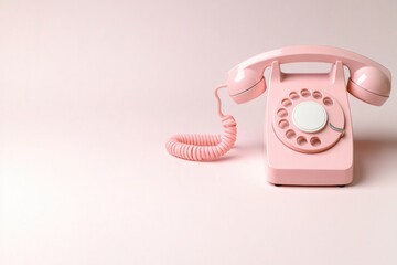 pastel pink vintage telephone rests on smooth solid color background