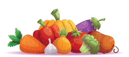 A vibrant and lively illustration that beautifully showcases a variety of fresh, nutritious vegetables and garlic