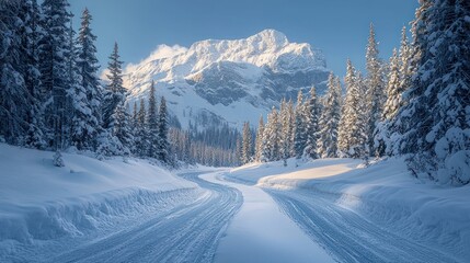 Snow-covered road winding through a winter forest towards majestic mountains under a clear blue sky.
