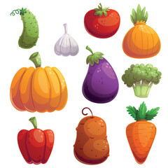 A vibrant and colorful collection of cartoonstyle vegetables, featuring carrots, pumpkins, and various peppers