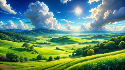 Obraz premium Panoramic Anime Green Field Landscape: Sunny Day Cloudscape Background