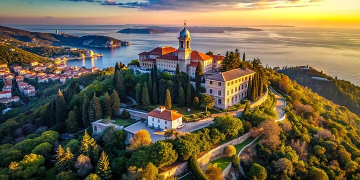 Panoramic Aerial View of Trieste's Monte Grisa Sanctuary, Italy