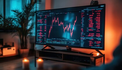 Stock Market Analysis on Screen with Bright Graphs and Ambient Candlelight