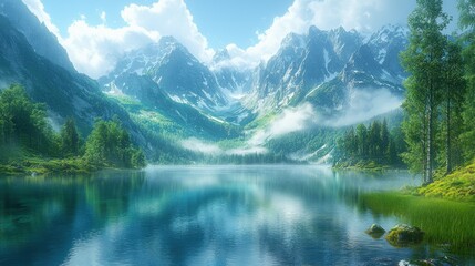Naklejka premium Serene mountain lake reflecting snow-capped peaks and lush greenery under a bright sky.