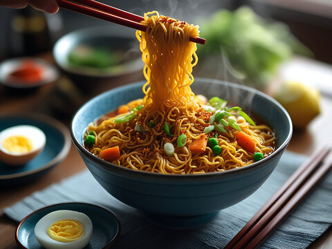 Delicious Steaming Bowl of Maggi Noodles with Fresh Vegetables and Egg.