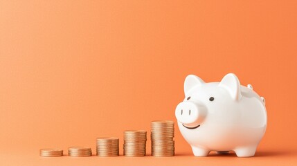 Saving money piggy bank with coins on orange background business concept close-up view
