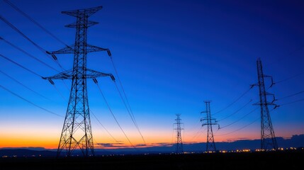 Fototapeta premium Silhouette of power transmission towers at twilight