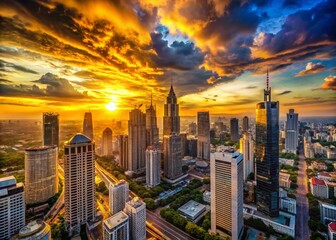 Obraz premium Panoramic Cityscape at Sunset, Golden Hour Urban Skyline View