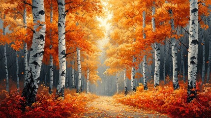 Autumnal birch forest path.