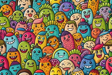 Naklejka premium Panoramic Colorful Doodle Background: Happy Cartoon Crowd