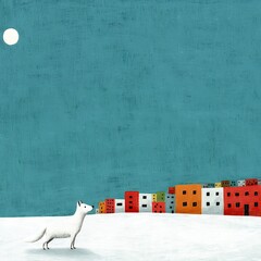 White Arctic Fox in Snowy Landscape Before Colorful Houses Under Night Sky