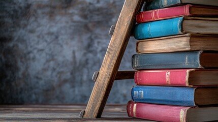 Stacked books, antique style, wooden ladder