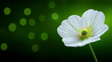 White Flower with Dew Drops on Dark Green Bokeh Background