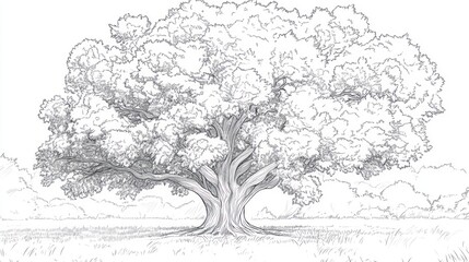 Fototapeta premium Detailed drawing of a large tree in a landscape. Possible use Educational material, art print