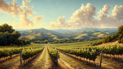 Fototapeta premium Sunlit vineyard rows stretch across rolling hills under a vibrant sky.