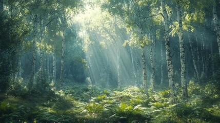 Fototapeta premium Sunbeams illuminate a misty birch forest with ferns.