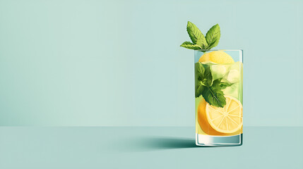 A photo of a colorful lemon mocktail glass with mint leaves, minimalist, slim and light, Retro product advertising. Industrial design inspiration, natural lighting, on the desk, nice shot. minimal.