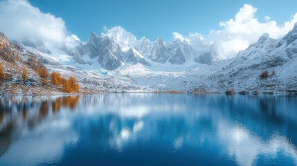Serene autumnal lake reflecting snow-capped mountains under a vibrant sky.