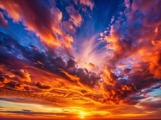 Fototapeta premium Panoramic Gradient Sunset Sky: Orange, Red, Lilac, Blue - Breathtaking Wide-Angle View