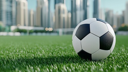 Wet Soccer Ball on Green Field with Cityscape Background