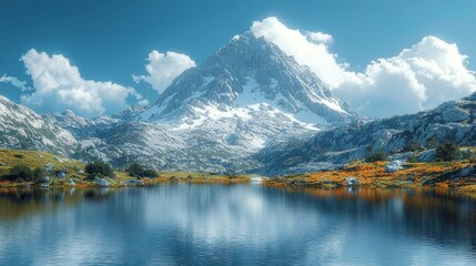 Majestic snow-capped mountain reflected in a serene lake.