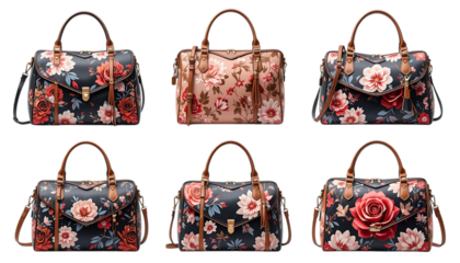 set of Stylish Handbag with Floral Design isolated on png 
