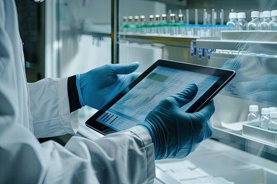 Pharmaceutical Expert Reviewing Production Data on Digital Tablet in Sterile Environment