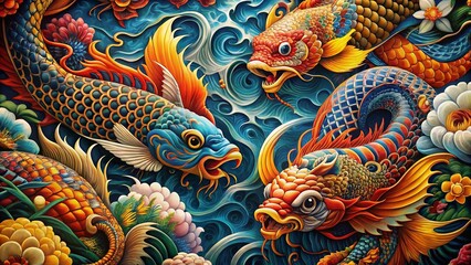 Obraz premium Panoramic Ink Tattoo Art: Intricate Koi Fish & Dragon Designs, Traditional Asian Symbolism