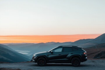 Naklejka premium sleek suv parked at edge of scenic mountain road surrounded by misty valleys under twilight sky