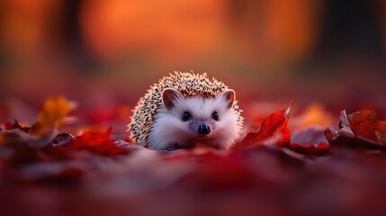 Obraz premium Adorable hedgehog nestled amidst autumn leaves