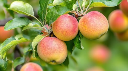 Fresh Red Apples on Green Branch in Orchard with Bright Background