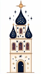 Whimsical Pixel Art Tower with Navy Blue Domes and Gold Stars