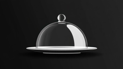 Obraz premium Glass dome cover on white plate, dark background, food presentation