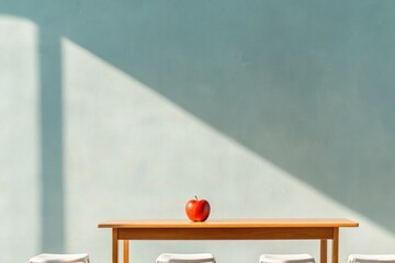 solitary oak desk with placed on it surrounded by clean empty chairs bathed in natural light from nearby window symbolizing