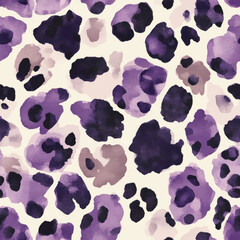 Leopard print pattern, purple and black ink on a white background, Watercolor print in rustic vintage style, textile or wallpapers.