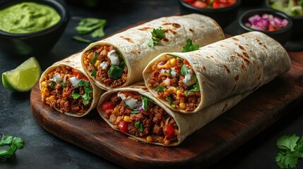 Four burritos on a wooden cutting board