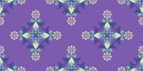 Ikat floral on a purple background seamless pattern. Abstract kaleidoscope fabric design texture. Vector ikat illustration. Idea for wallpaper, textiles, rugs, curtains, tiles, and pottery.