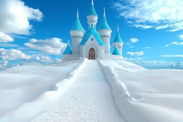 White and Blue Castle on Snowy Hill Under Bright Sky