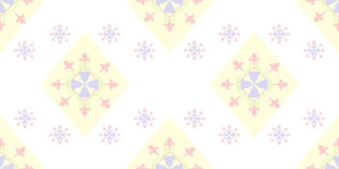 Soft yellow chevrons ethnic ikat floral seamless pattern. Abstract kaleidoscope fabric design texture. Vector ikat illustration. Idea for wallpaper, textiles, rugs, curtains, tiles, and pottery.