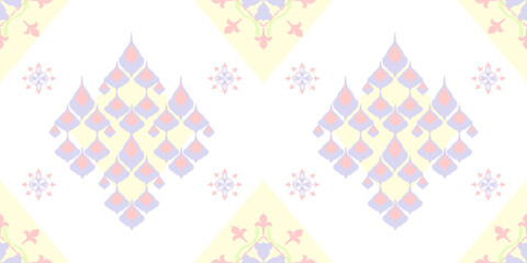Light-colored floral ethnic ikat floral seamless pattern. Abstract kaleidoscope fabric design texture. Vector ikat illustration. Idea for wallpaper, textiles, rugs, curtains, tiles, and pottery.