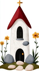 Whimsical White Church Illustration with Yellow Flowers and Grey Stones