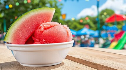Watermelon Sorbet in White Bowl on Wooden Table at Summer Fair