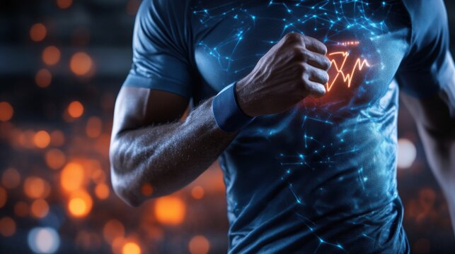 Intense running action of a fitness enthusiast modern gym digital art showcase electric environment dramatic close-up health and technology fusion