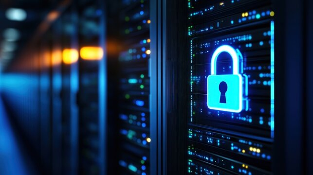 Secure server rack with glowing padlock