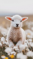 Fototapeta premium Adorable lamb grazing peacefully in a vibrant field filled with colorful wildflowers under sunlight