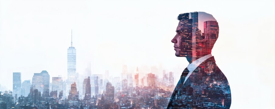 Business professional silhouette with urban cityscape double exposure composition