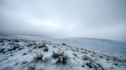 Obraz premium Warm golden glow, dynamic motion. Ethereal snow clouds descending on vast moors, ivory heavens, serene landscape, radiant and luxurious, blurred lines, action poses 