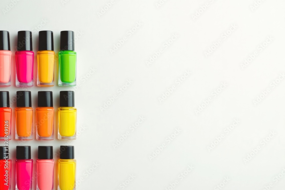 Poster vibrant array of nail polish bottles displayed in neat row on plain white background creates rainbow