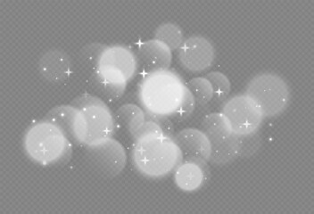 White bokeh with stars and sparkles, shiny overlay decoration isolated on grey background. Vector illustration.